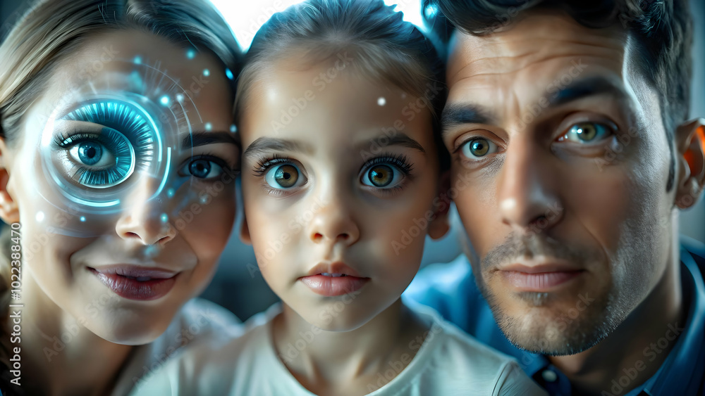 Close-Up Macro Image of Family Members' Eyes with Holographic Data Reflections - Emphasizing Shared Engagement and Learning through Technology in Family Life Close-Up Macro Image of Family Members' Eyes with Holographic Data Reflections - Emphasizing Shared Engagement and Learning through Technology in Family Life