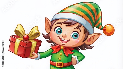 Cheerful Elf Gnome Santa's Helper with Gift Box - Cartoon Style Illustration