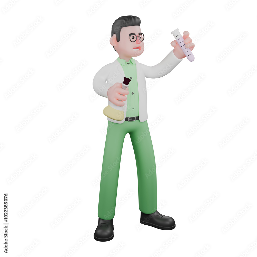 Male Field Biologist 3D. A male biologist stands holding an Erlenmeyer flask in his right hand and a test tube in his left hand. Professional Illustration Male Field Biologist 3D. A male biologist stands holding an Erlenmeyer flask in his right hand and a test tube in his left hand. Professional Illustration