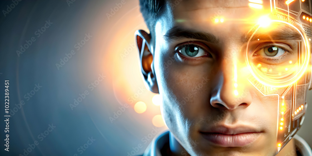 Close Up of a Face Illuminated by Futuristic Device Glow Reflecting Joy of Technological Advancement in Remote Work - Macro Shot Photo Stock Concept Close Up of a Face Illuminated by Futuristic Device Glow Reflecting Joy of Technological Advancement in Remote Work - Macro Shot Photo Stock Concept