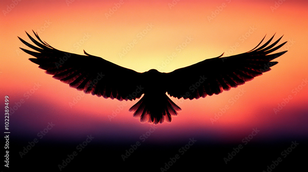 Obraz premium Silhouette of a bird flying against a vibrant sunset.