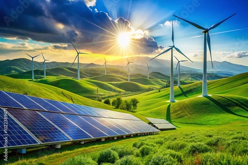 Clean Energy Landscape with Solar Panels and Wind Turbines in a Green Field