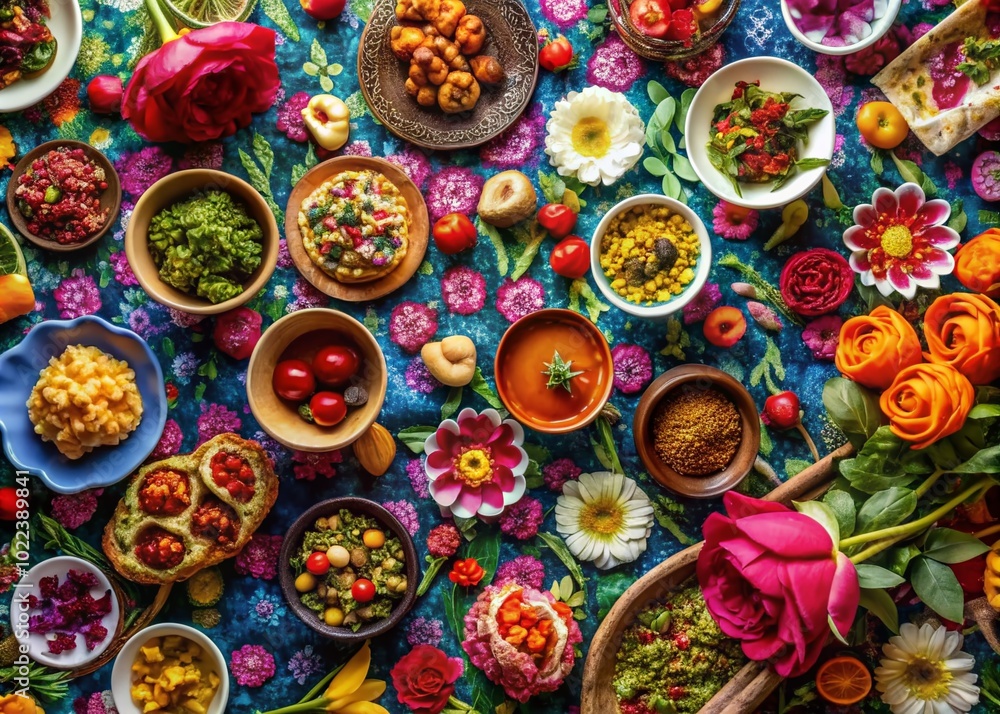 Fototapeta premium Close-Up Floral Fabric with Gourmet Food Arrangement for Stunning Visuals