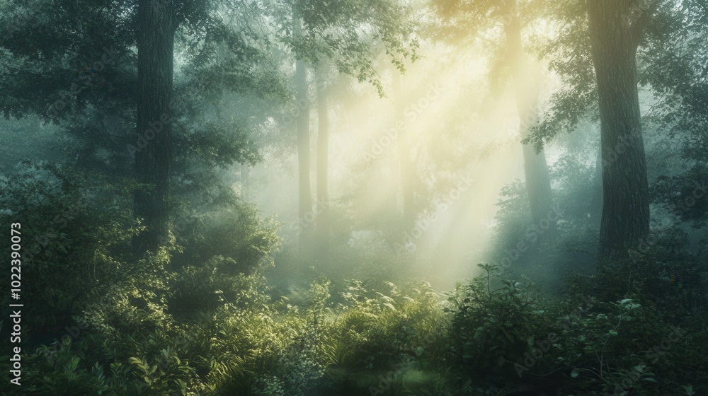 depiction of a dense, misty forest at dawn. depiction of a dense, misty forest at dawn.