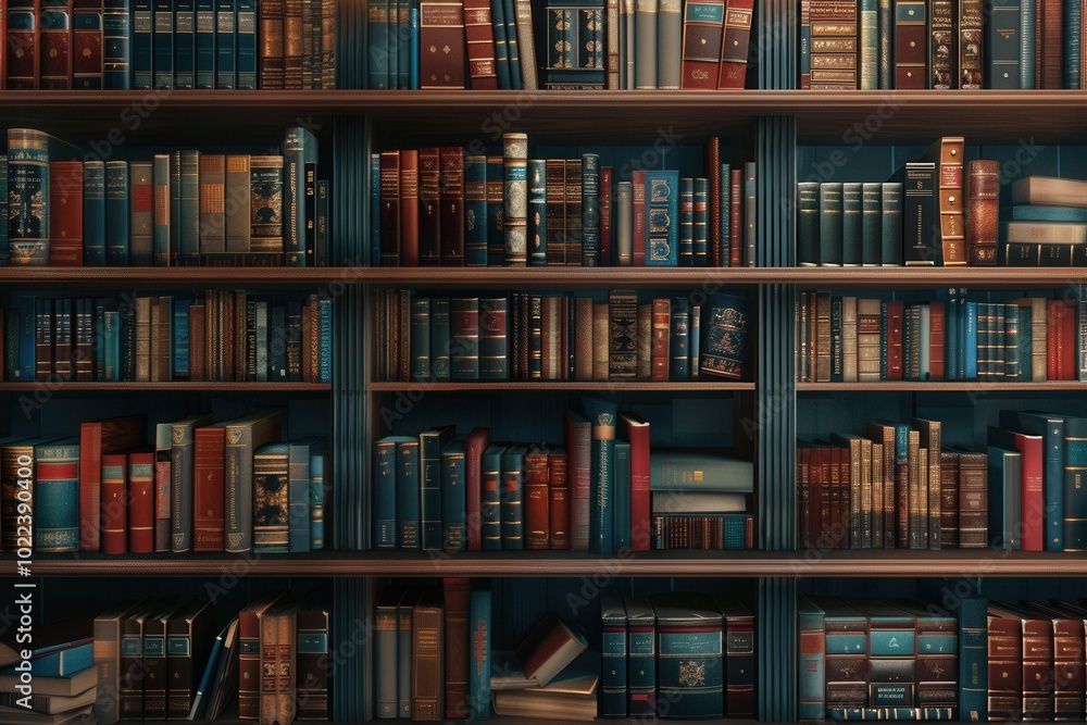 Rows of wooden shelves display a vast collection of academic textbooks and literature, perfect for study and research purposes. Generative AI Rows of wooden shelves display a vast collection of academic textbooks and literature, perfect for study and research purposes. Generative AI