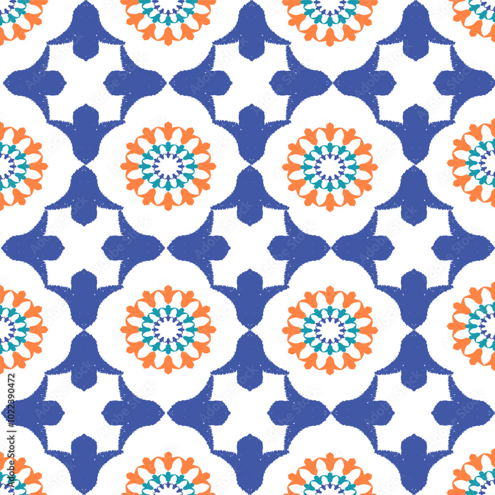 Blue and orange embroidery, motif ethnic ikat seamless textile illustration, print striped ornament, pattern, design for wrapping, silk, scarf, clothing, background, textile, carpets, curtains, etc. Blue and orange embroidery, motif ethnic ikat seamless textile illustration, print striped ornament, pattern, design for wrapping, silk, scarf, clothing, background, textile, carpets, curtains, etc.