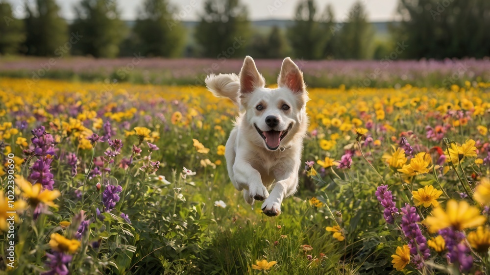 a white dog running in a field of flowers with a happy face a white dog running in a field of flowers with a happy face