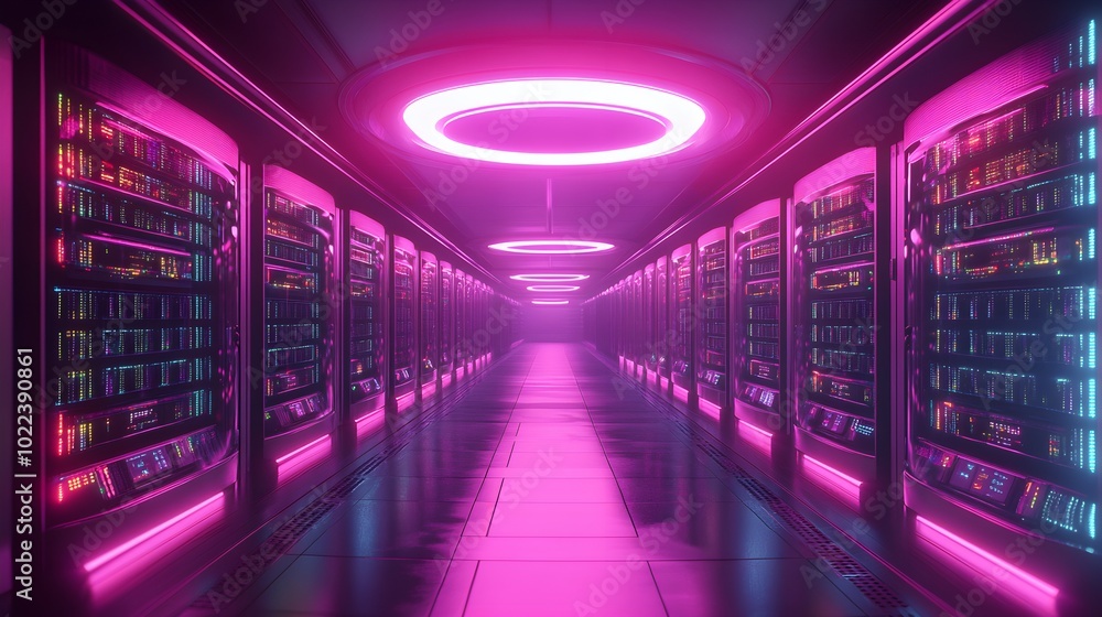 High-tech circular server room with holographic data flowing between machines, soft neon glow, AI-powered servers, Futuristic, Neon, 3D Render High-tech circular server room with holographic data flowing between machines, soft neon glow, AI-powered servers, Futuristic, Neon, 3D Render