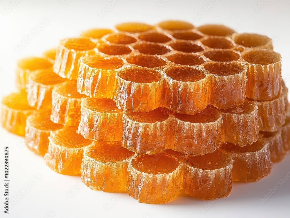 top-down view of honey arranged in a perfect circle on a pristine white background, highlighting its gleaming texture and golden hue, creating a captivating and appetizing visual top-down view of honey arranged in a perfect circle on a pristine white background, highlighting its gleaming texture and golden hue, creating a captivating and appetizing visual