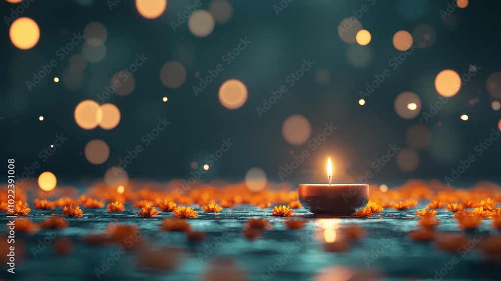 A glowing candle surrounded by vibrant orange petals, with a soft, blurred background of warm lights, creating a serene and festive atmosphere. A glowing candle surrounded by vibrant orange petals, with a soft, blurred background of warm lights, creating a serene and festive atmosphere.