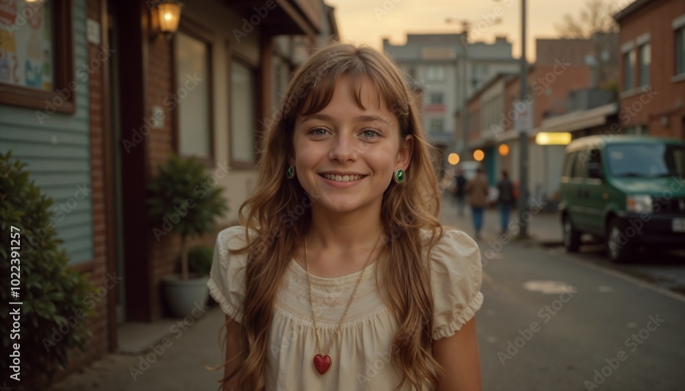 Cheerful young girl smiling on a city street during sunset, joyful expression, copy space Cheerful young girl smiling on a city street during sunset, joyful expression, copy space