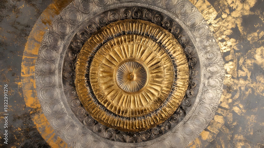 Circular patterns radiating outwards, in shades of gold and silver.
Circular patterns radiating outwards, in shades of gold and silver.