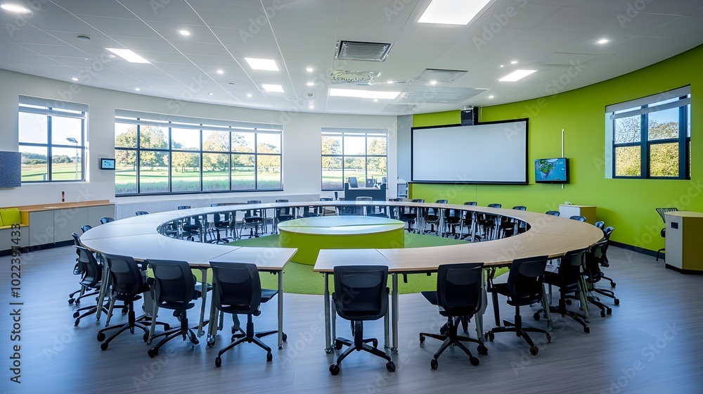 Innovative classroom design, desks forming a ring around a central discussion point, interactive whiteboards and a modern educational environment Innovative classroom design, desks forming a ring around a central discussion point, interactive whiteboards and a modern educational environment