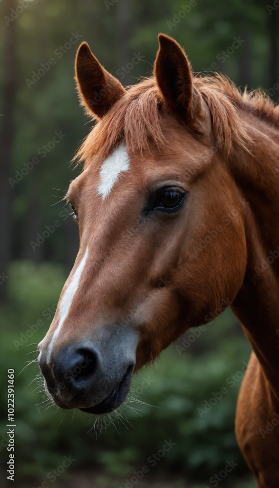Close-up of a brown horse with expressive eyes in a forest setting, nature photography Close-up of a brown horse with expressive eyes in a forest setting, nature photography