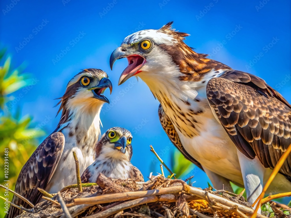 Obraz premium Closeup of Osprey Feeding Baby Chicks in Giant Nest in Orlando Florida