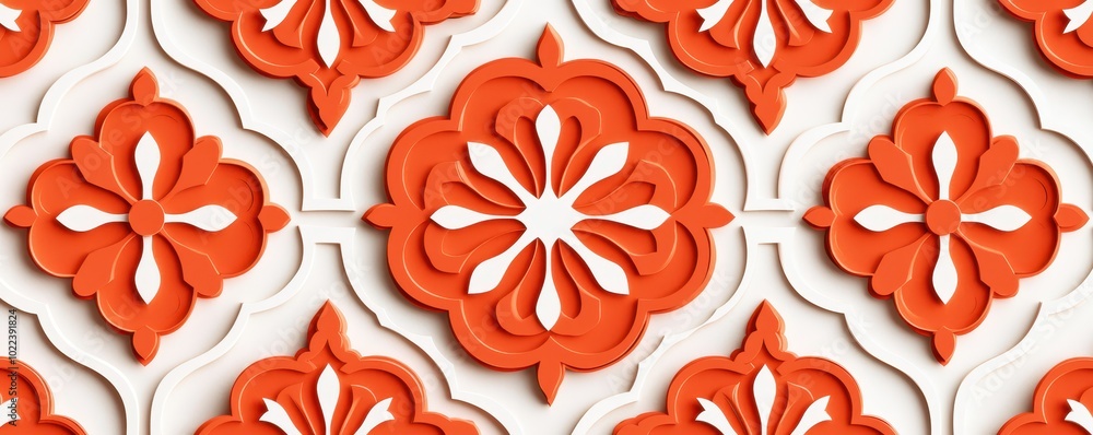 A vibrant decorative tile pattern featuring intricate orange floral designs on a white background. A vibrant decorative tile pattern featuring intricate orange floral designs on a white background.