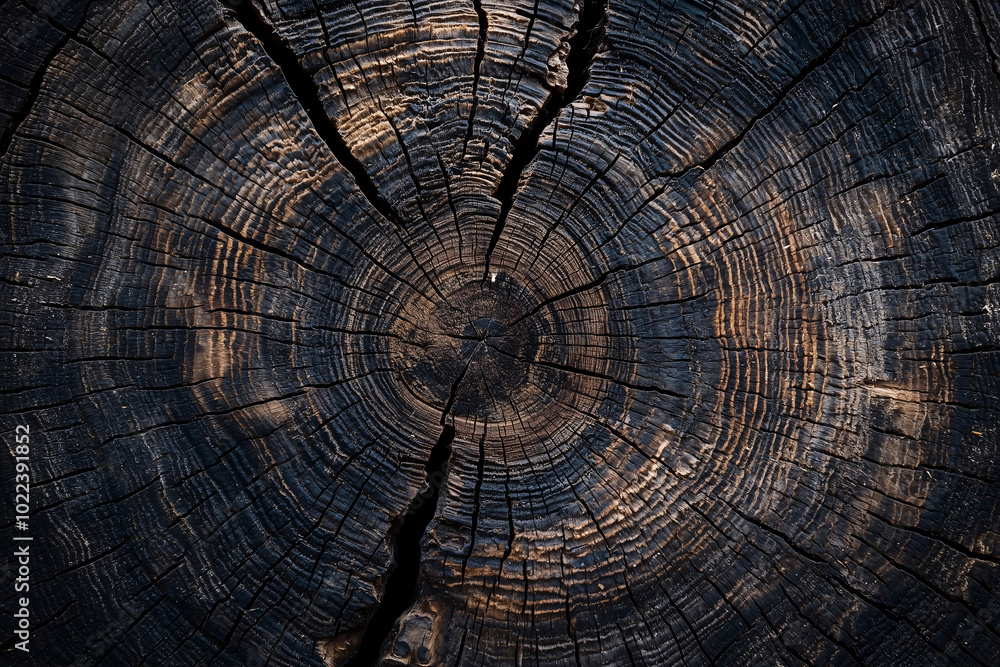 Fototapeta premium Natural wood grain texture with concentric rings and deep cracks for rustic or modern design backgrounds.