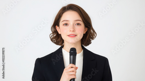 Businesswoman holding microphone to give speech, isolated on white background.