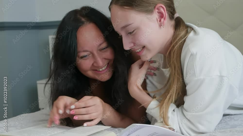 Mother and teenage daughter share a heartfelt laugh on a cozy bed, radiating love and happiness in their home. Bonding, talking, and laughing, they showcase the warmth of family love Mother and teenage daughter share a heartfelt laugh on a cozy bed, radiating love and happiness in their home. Bonding, talking, and laughing, they showcase the warmth of family love