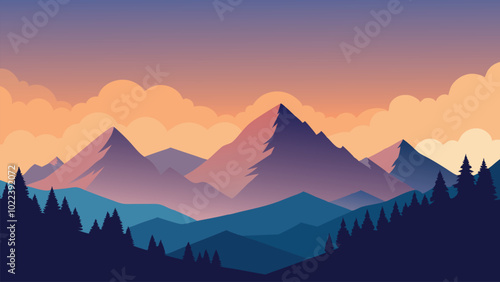 Breathtaking landscape featuring a mountain range, dotted with trees and enveloped in gentle clouds, evoking peace flat vector illustration Nature background.