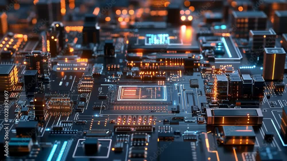 A close-up view of a futuristic circuit board with glowing elements and intricate designs. A close-up view of a futuristic circuit board with glowing elements and intricate designs.