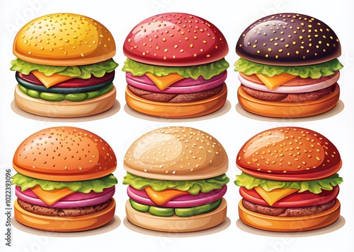 Colorful Burger Buns Collection in Cartoon Style for Food Illustrations and Design Projects