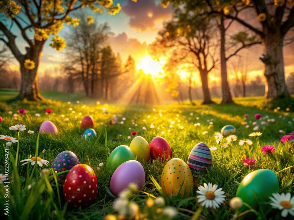 Colorful Easter Eggs Nestled in a Lush Green Meadow for Spring Celebrations Colorful Easter Eggs Nestled in a Lush Green Meadow for Spring Celebrations