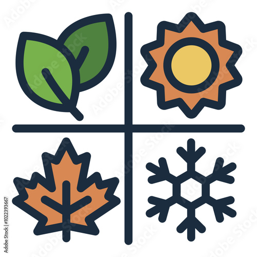 Four seasons filled line icon representing yearly cycle of spring, summer, autumn, and winter