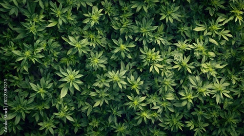 A close-up aerial view of a field of green cannabis plants growing in rows.