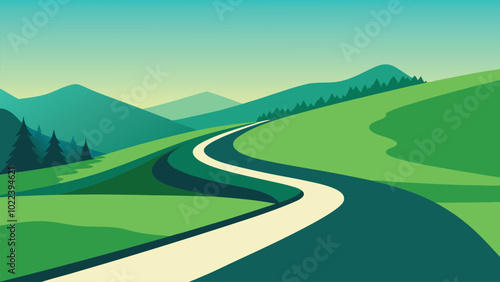 Winding road traversing a vibrant green landscape, surrounded by gentle hills and open skies flat vector illustration Nature background.