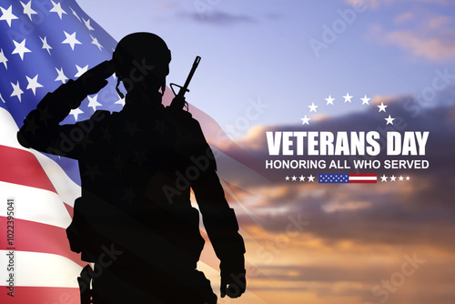 Silhouette of soldier with USA flag against the sunset. Greeting card for Veterans Day, Memorial Day, Independence Day. EPS10 vector