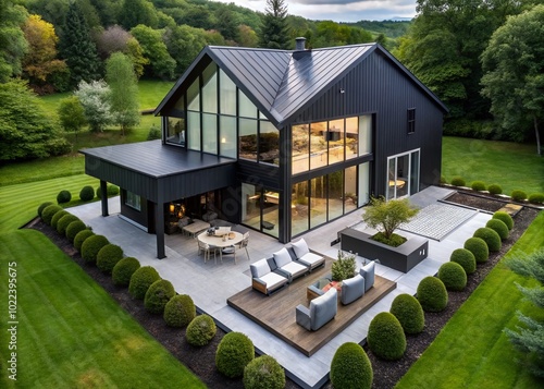 Contemporary Black and White Barndominium with Stylish Outdoor Entertainment Space photo