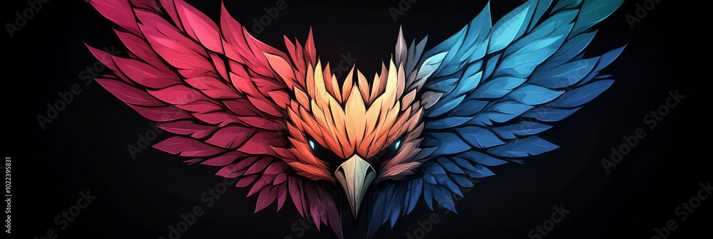 Obraz premium Abstract colorful bird with wings spread wide against a dark background.