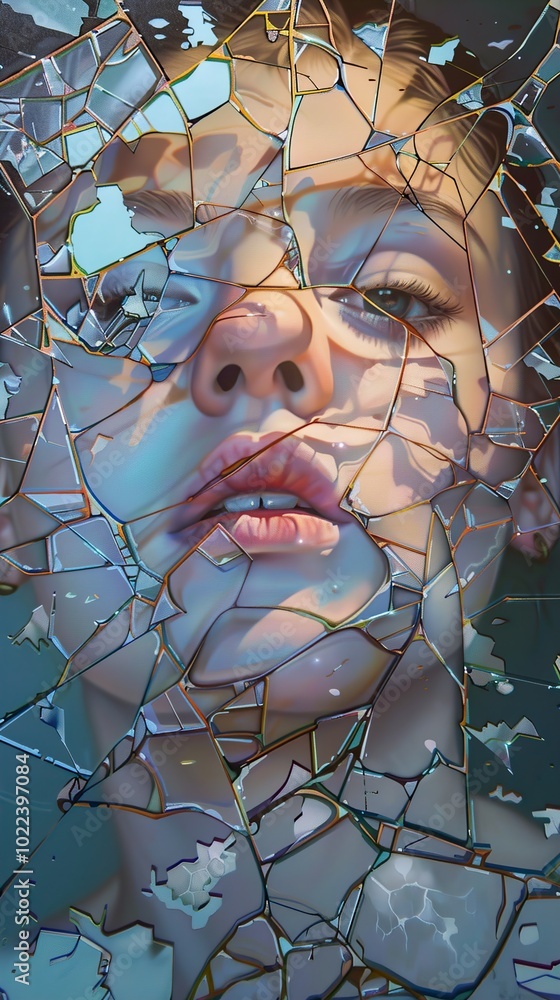 Shattered Reflection: A Woman's Face Through Broken Glass Shattered Reflection: A Woman's Face Through Broken Glass