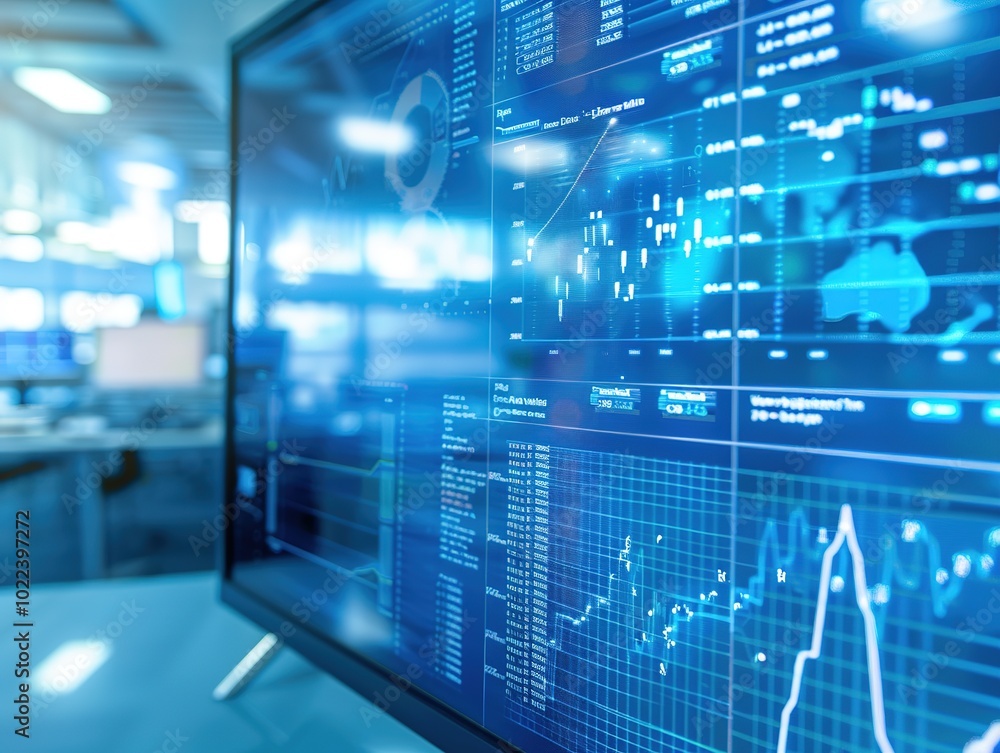 Close-up of a digital screen displaying a labor market graph highlighting job openings, employment rates. trend,fluctuation,growth,decline,cycle, International Labor Day Close-up of a digital screen displaying a labor market graph highlighting job openings, employment rates. trend,fluctuation,growth,decline,cycle, International Labor Day