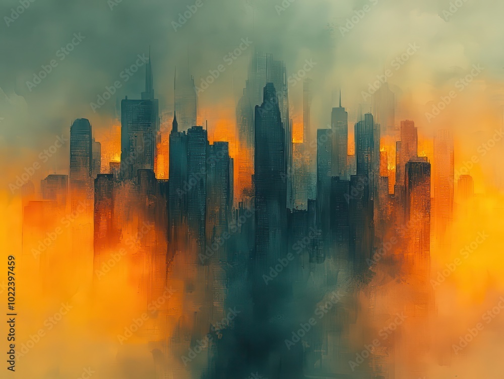 vibrant watercolor painting of an abstract cityscape, blending urban structures with shades of orange and teal, layered with grayish smog for an ethereal atmosphere vibrant watercolor painting of an abstract cityscape, blending urban structures with shades of orange and teal, layered with grayish smog for an ethereal atmosphere