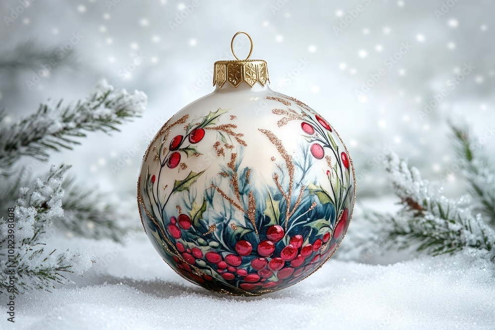 Elegant red and white christmas bauble hanging on string with floral pattern Elegant red and white christmas bauble hanging on string with floral pattern