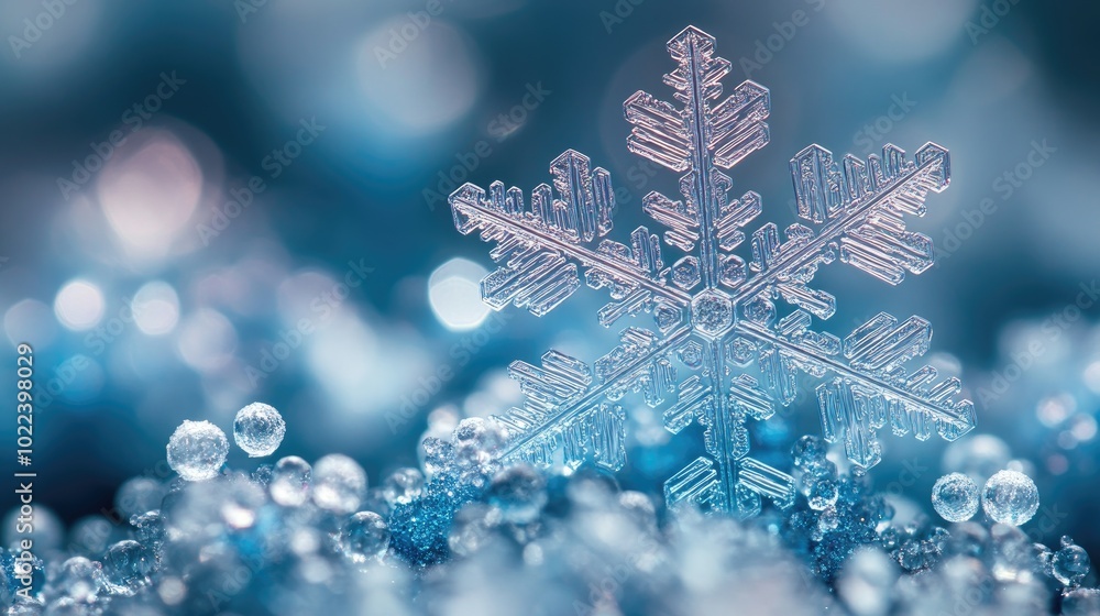 Macro photo of sparkling snowflake resting on frozen surface Macro photo of sparkling snowflake resting on frozen surface