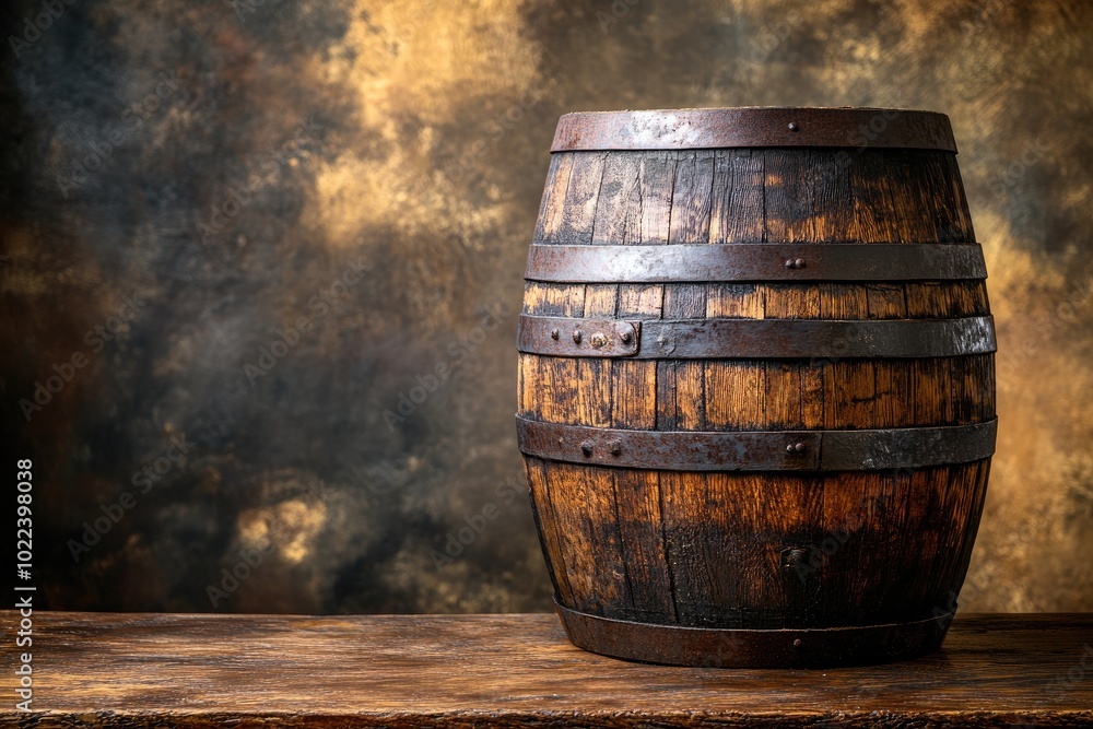 Old wooden barrel standing on a table in a cellar with bottles in the background Old wooden barrel standing on a table in a cellar with bottles in the background