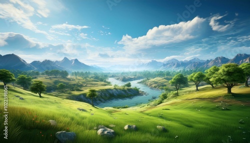 Wallpaper Mural A beautiful panoramic view of mountains and a lush green landscape with a clear sky and scattered clouds Torontodigital.ca