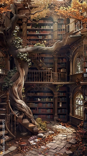 Enchanted Library with a Tree Growing Through It - Fantasy Interior Design