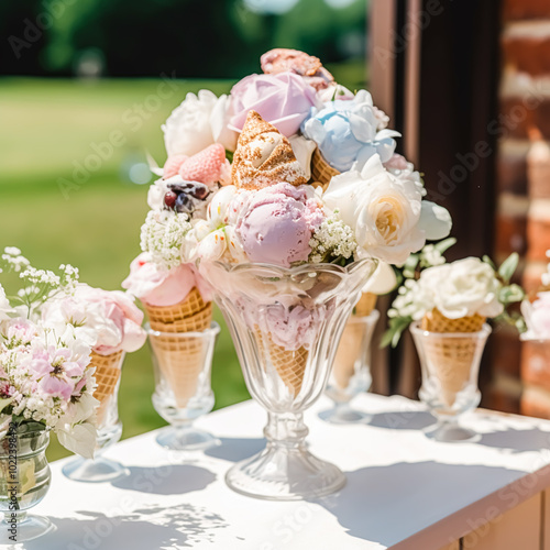 Ice cream desserts buffet table, event food catering for wedding, party and holiday celebration, ice creams and flowers decor in a floral countryside garden, post-processed, generative ai