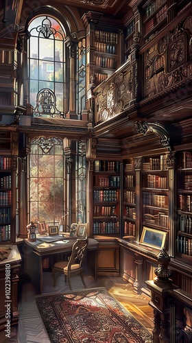 Elegant Library Interior with Ornate Details and Sunlight
