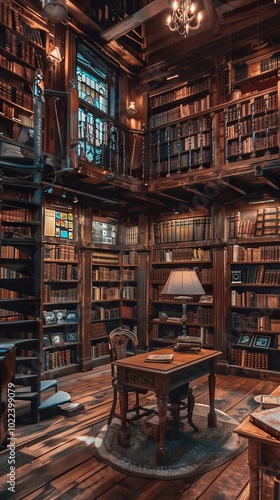 Vintage Library Interior with Spiral Staircase and Stained Glass Window