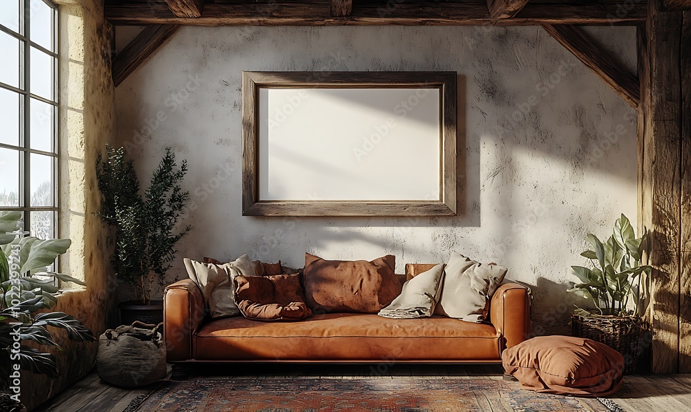 Fototapeta premium A cozy living space featuring a rustic couch adorned with pillows, potted plants, and a large empty frame on a textured wall.