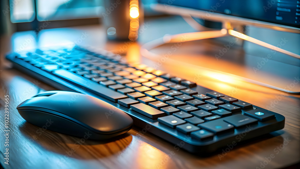 Glossy Keyboard and Mouse on Plain Desk - Crisp Image Showcasing Neat Setup for Photo Stock Concept, Perfect Copy Space Highlighting Efficiency and Happiness While Working from Home in Natural Lightin Glossy Keyboard and Mouse on Plain Desk - Crisp Image Showcasing Neat Setup for Photo Stock Concept, Perfect Copy Space Highlighting Efficiency and Happiness While Working from Home in Natural Lightin