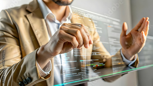 Close-up Macro Shot of Hands Typing Code on Transparent Touchscreen Interface, Showcasing Cloud Development Skills in a Futuristic Environment