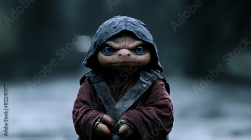 A young, hooded creature with piercing blue eyes stares intensely into the camera. photo