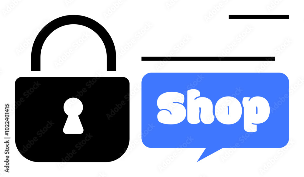 A black padlock and a blue speech bubble with the word Shop in white. Ideal for e-commerce, online security, shopping protection, cybersecurity, and digital marketplace safety. Simple vector style A black padlock and a blue speech bubble with the word Shop in white. Ideal for e-commerce, online security, shopping protection, cybersecurity, and digital marketplace safety. Simple vector style