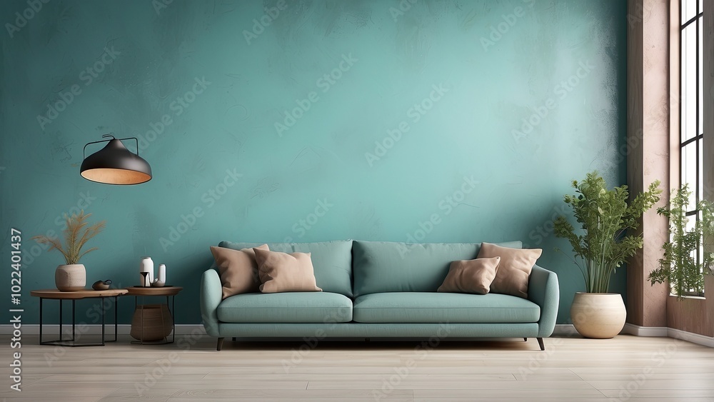 Loft-inspired living room design with a sofa against a grunge teal stucco wall, offering a spacious copy space.- Loft-inspired living room design with a sofa against a grunge teal stucco wall, offering a spacious copy space.-